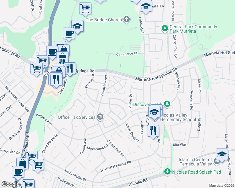 map of restaurants, bars, coffee shops, grocery stores, and more near 30324 Stargazer Way in Murrieta
