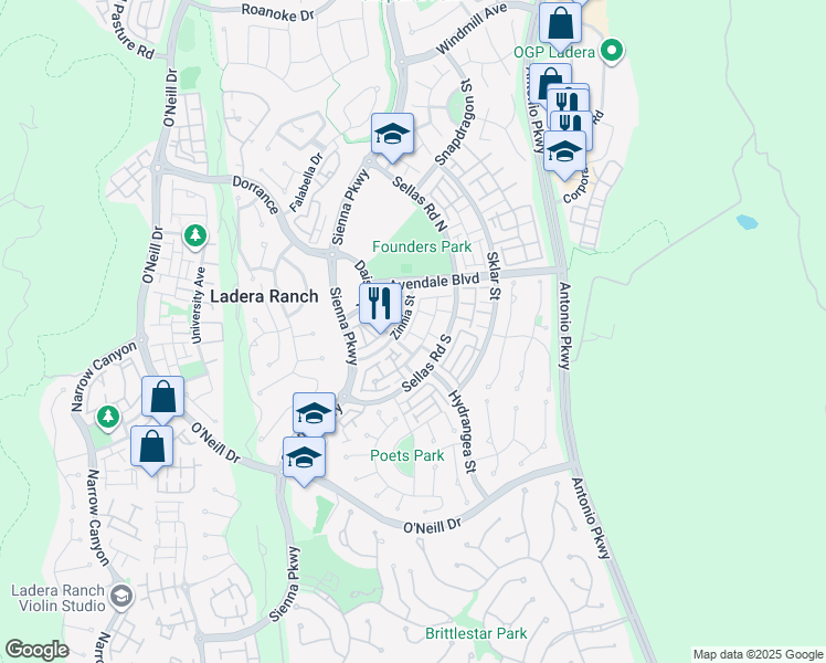 map of restaurants, bars, coffee shops, grocery stores, and more near 17 Gilly Flower Street in Ladera Ranch