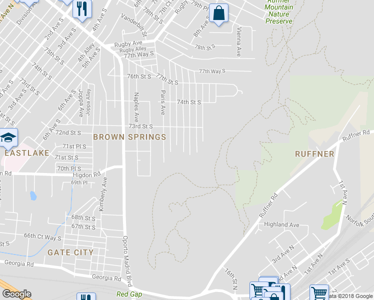 map of restaurants, bars, coffee shops, grocery stores, and more near 7248 Rome Avenue in Birmingham
