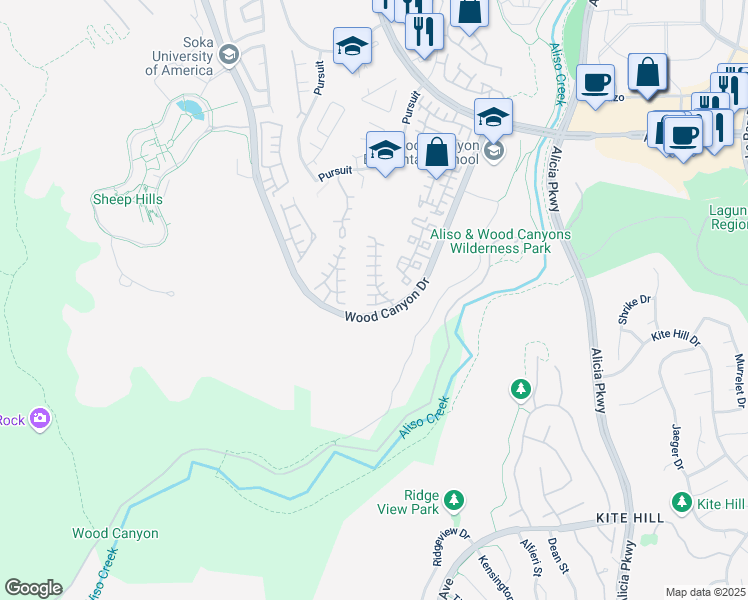 map of restaurants, bars, coffee shops, grocery stores, and more near 114 Colony Way in Aliso Viejo
