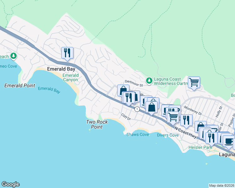 map of restaurants, bars, coffee shops, grocery stores, and more near 239 San Joaquin Street in Laguna Beach