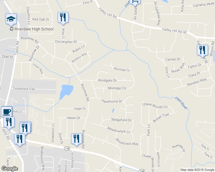 map of restaurants, bars, coffee shops, grocery stores, and more near 66 Montego Circle in Riverdale