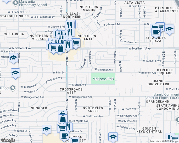 map of restaurants, bars, coffee shops, grocery stores, and more near 7642 North 33rd Avenue in Phoenix