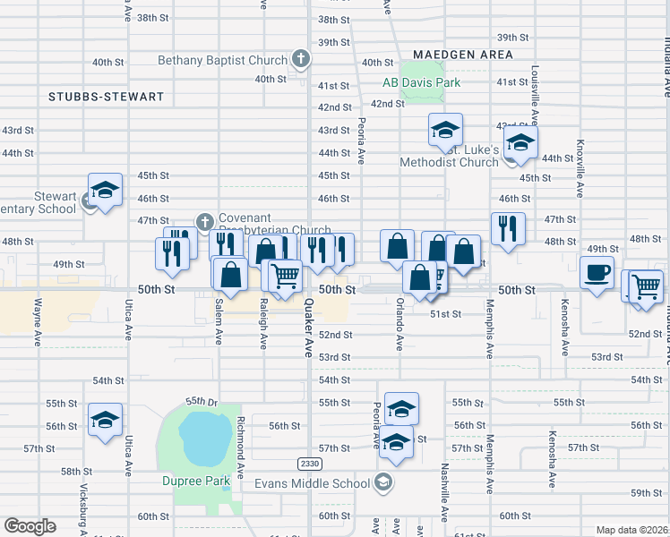 map of restaurants, bars, coffee shops, grocery stores, and more near 4311 49th Street in Lubbock