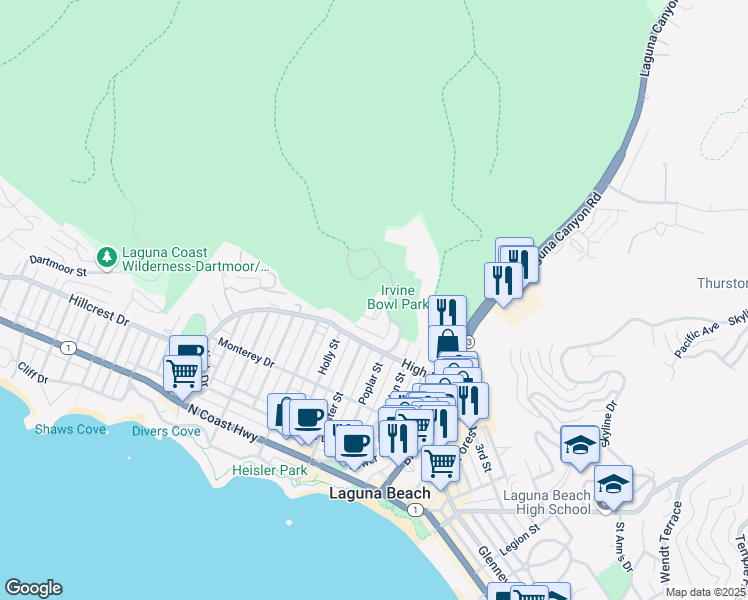 map of restaurants, bars, coffee shops, grocery stores, and more near 336 Lookout Drive in Laguna Beach