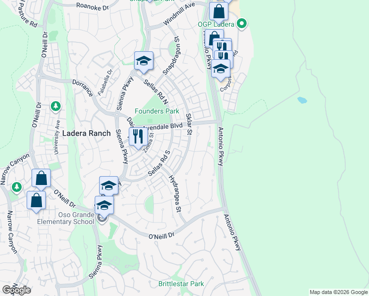 map of restaurants, bars, coffee shops, grocery stores, and more near 201 Sklar Street in Ladera Ranch