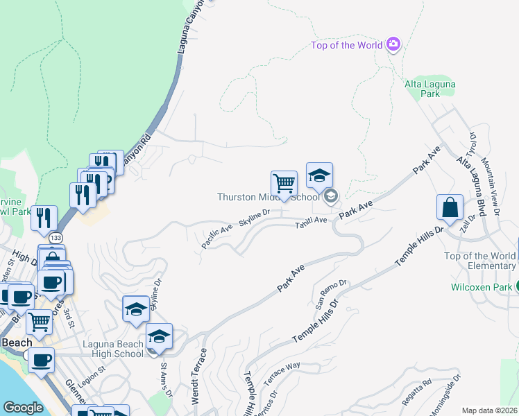 map of restaurants, bars, coffee shops, grocery stores, and more near 1569 Skyline Drive in Laguna Beach