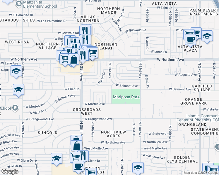 map of restaurants, bars, coffee shops, grocery stores, and more near 7642 North 33rd Avenue in Phoenix