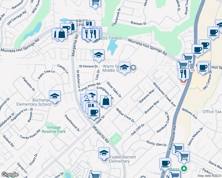 map of restaurants, bars, coffee shops, grocery stores, and more near 26665 Silver Oaks Drive in Murrieta