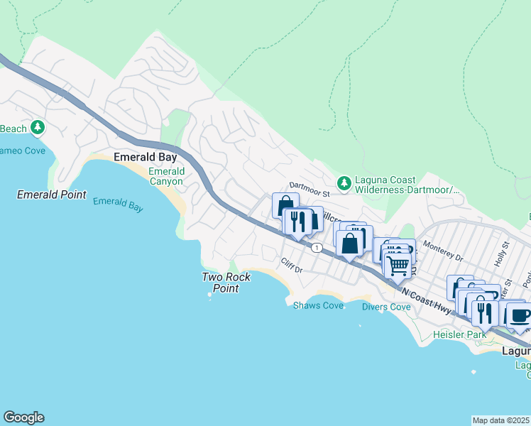 map of restaurants, bars, coffee shops, grocery stores, and more near 232 San Joaquin Street in Laguna Beach
