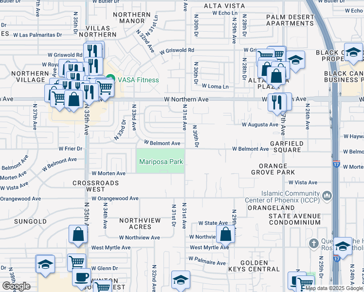 map of restaurants, bars, coffee shops, grocery stores, and more near 3101 West Belmont Avenue in Phoenix