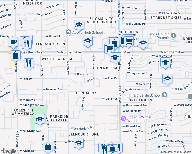 map of restaurants, bars, coffee shops, grocery stores, and more near 7624 North 44th Drive in Glendale