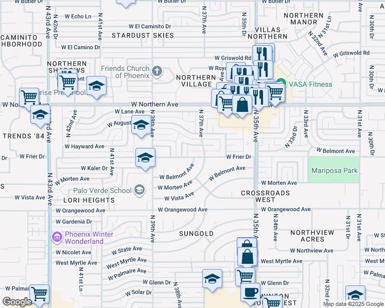 map of restaurants, bars, coffee shops, grocery stores, and more near 3712 West Belmont Avenue in Phoenix