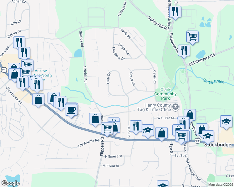 map of restaurants, bars, coffee shops, grocery stores, and more near 149 Club Circle in Stockbridge