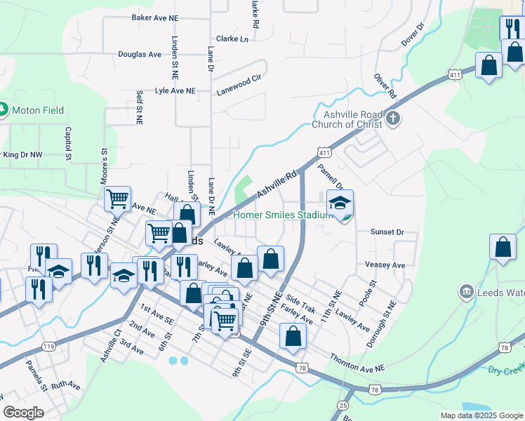 map of restaurants, bars, coffee shops, grocery stores, and more near 1613 Sims Street in Leeds