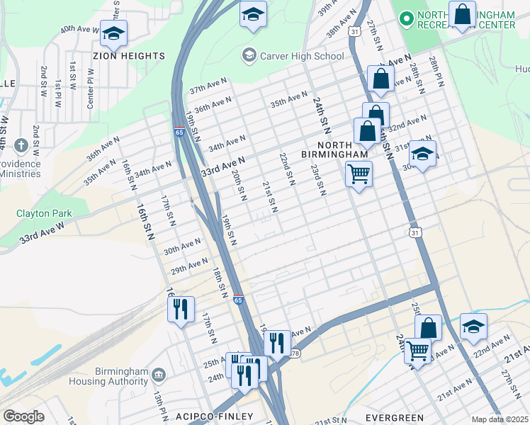 map of restaurants, bars, coffee shops, grocery stores, and more near 2024 30th Avenue North in Birmingham