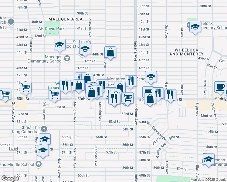 map of restaurants, bars, coffee shops, grocery stores, and more near 3508 50th Street in Lubbock