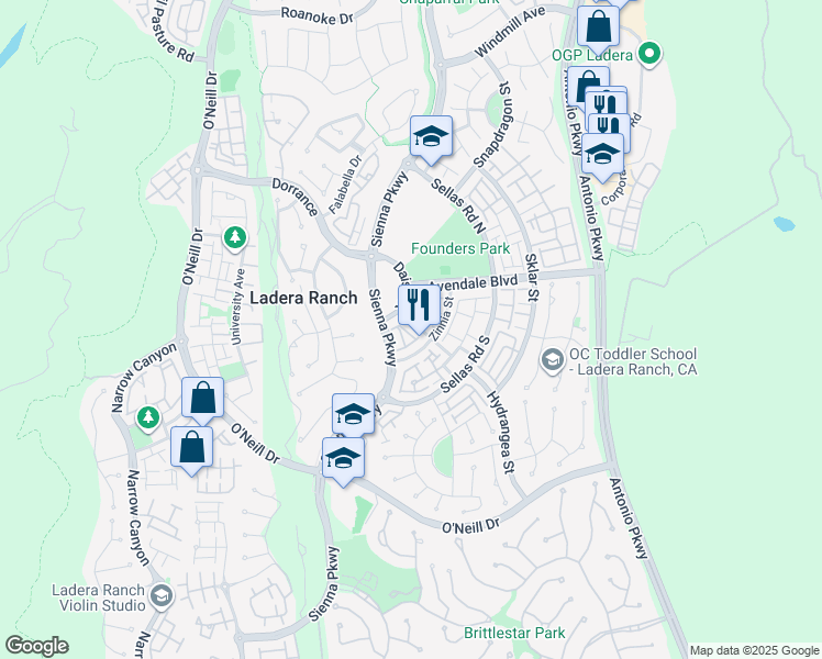 map of restaurants, bars, coffee shops, grocery stores, and more near 6 Gilly Flower Street in Mission Viejo