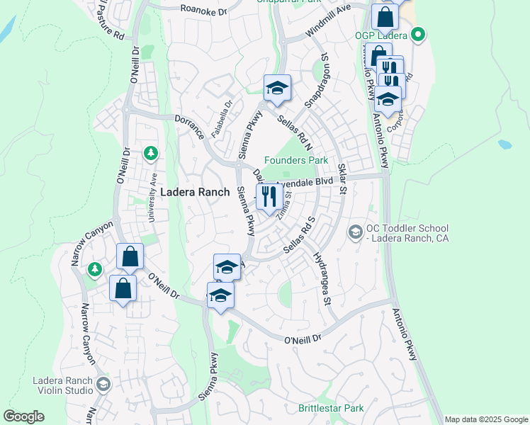 map of restaurants, bars, coffee shops, grocery stores, and more near 6 Gilly Flower Street in Mission Viejo