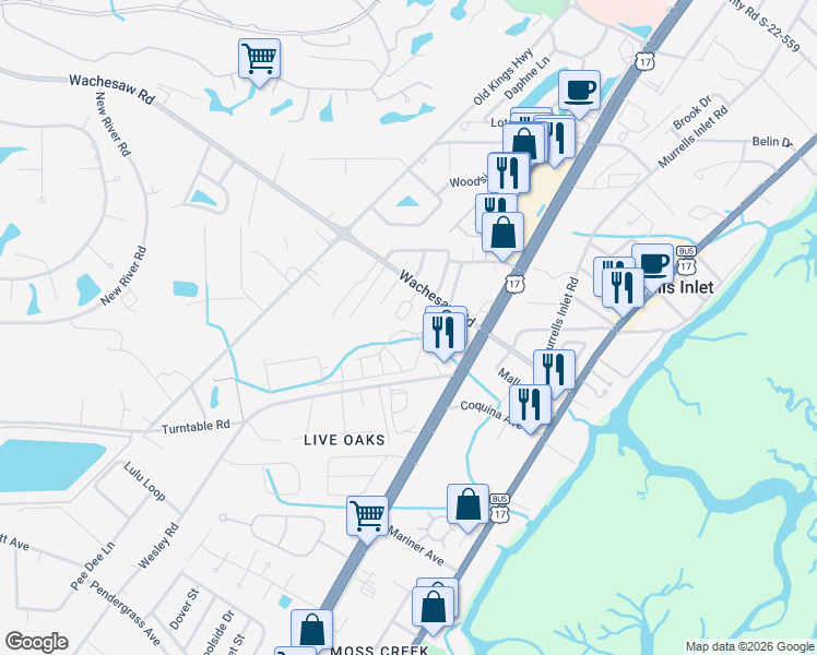 map of restaurants, bars, coffee shops, grocery stores, and more near 13 Muddy Bay Drive in Murrells Inlet