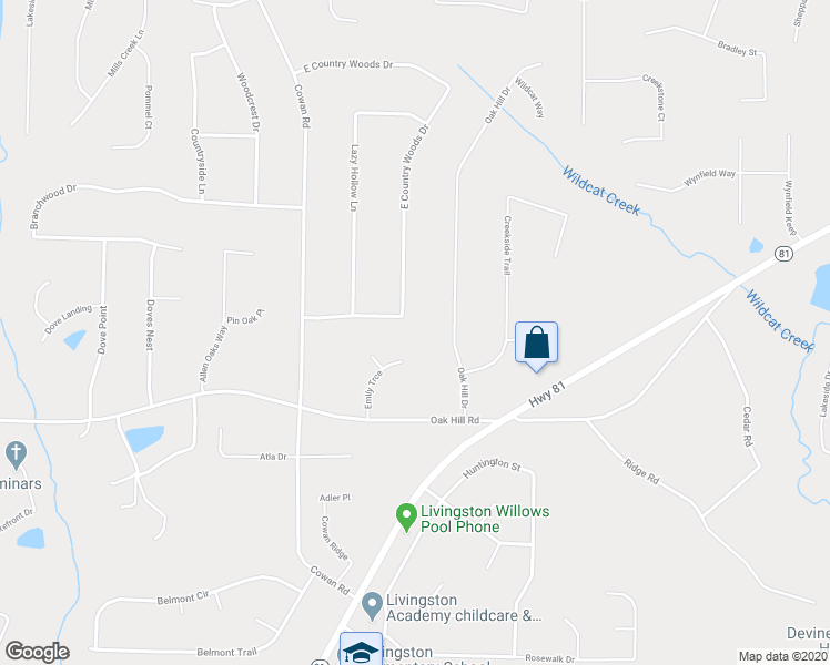 map of restaurants, bars, coffee shops, grocery stores, and more near 100 East Country Woods Drive in Covington