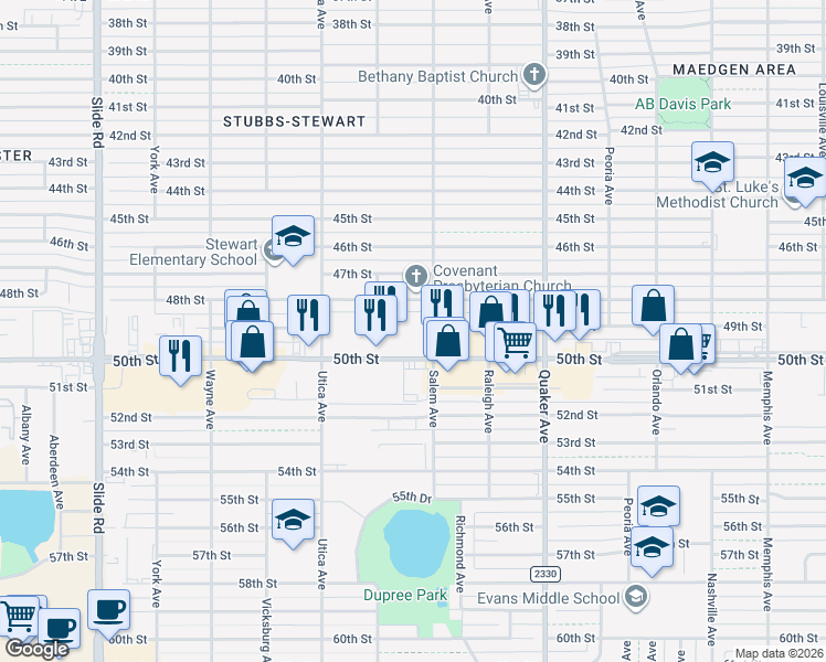 map of restaurants, bars, coffee shops, grocery stores, and more near 4602 50th Street in Lubbock