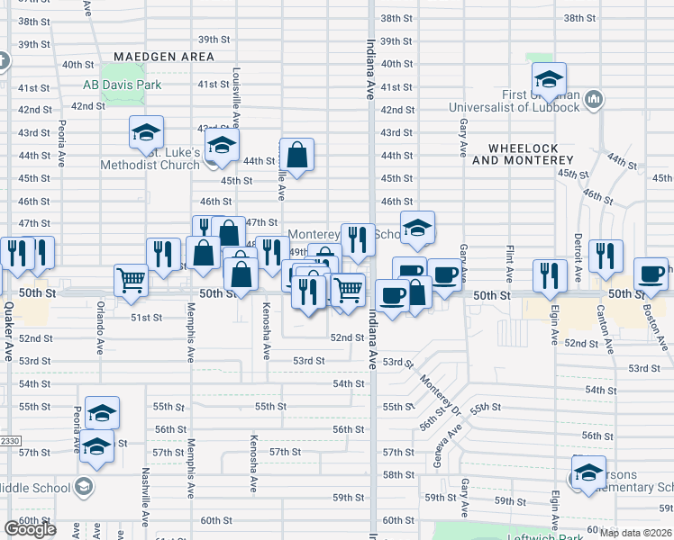 map of restaurants, bars, coffee shops, grocery stores, and more near 3402 50th Street in Lubbock
