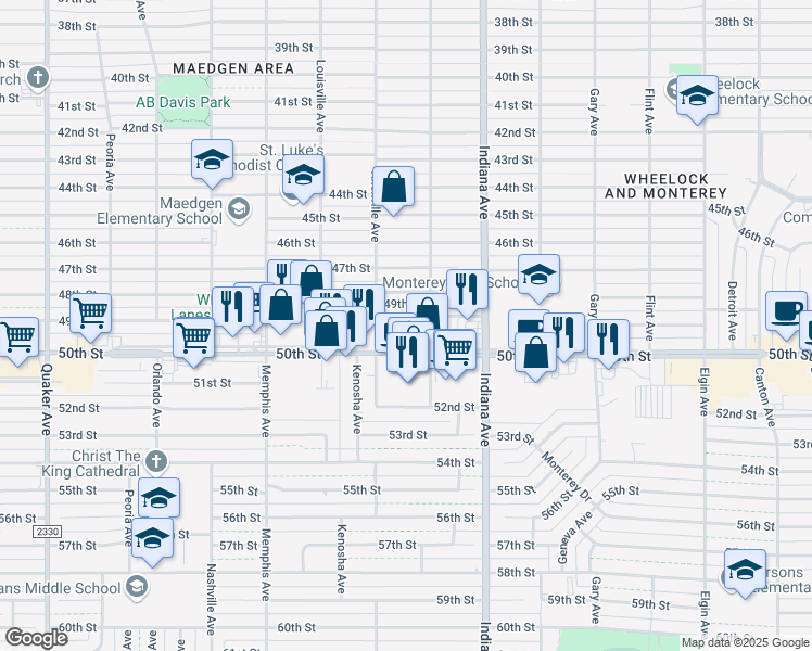 map of restaurants, bars, coffee shops, grocery stores, and more near 3508 50th Street in Lubbock