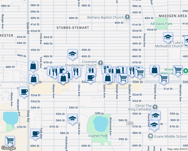 map of restaurants, bars, coffee shops, grocery stores, and more near in Lubbock