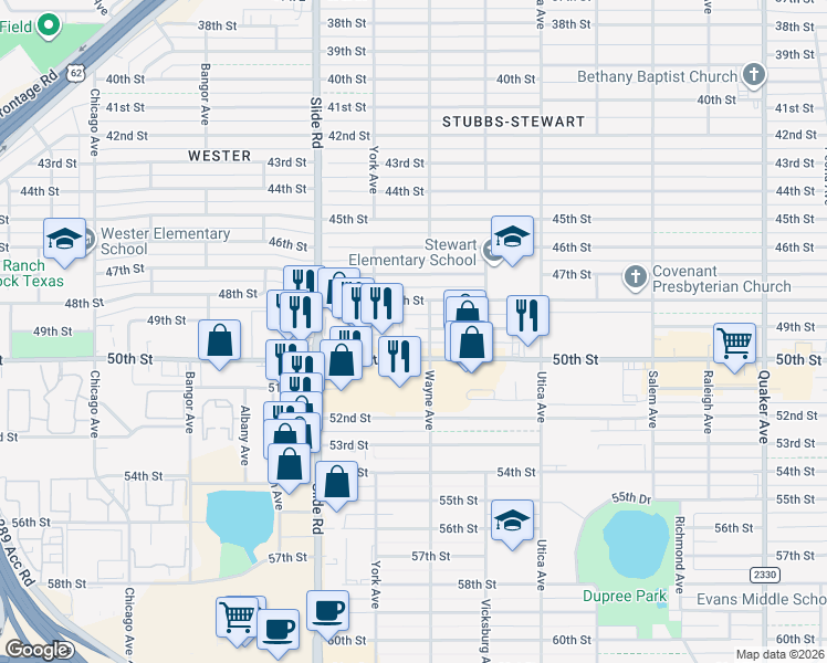 map of restaurants, bars, coffee shops, grocery stores, and more near in Lubbock