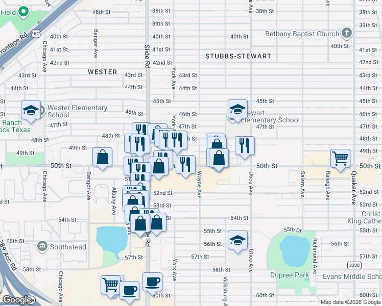 map of restaurants, bars, coffee shops, grocery stores, and more near 5008 50th Street in Lubbock