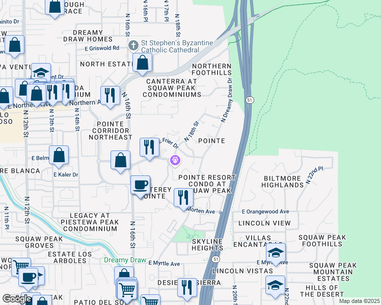 map of restaurants, bars, coffee shops, grocery stores, and more near 7636 North Dreamy Draw Drive in Phoenix
