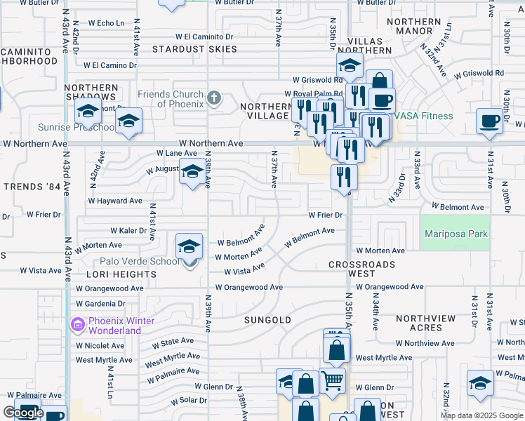 map of restaurants, bars, coffee shops, grocery stores, and more near 3712 West Belmont Avenue in Phoenix