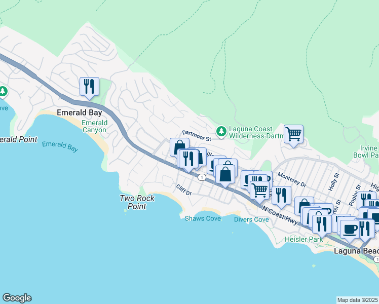 map of restaurants, bars, coffee shops, grocery stores, and more near 245 Cajon Street in Laguna Beach