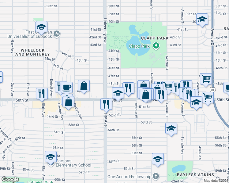 map of restaurants, bars, coffee shops, grocery stores, and more near 2412 50th Street in Lubbock