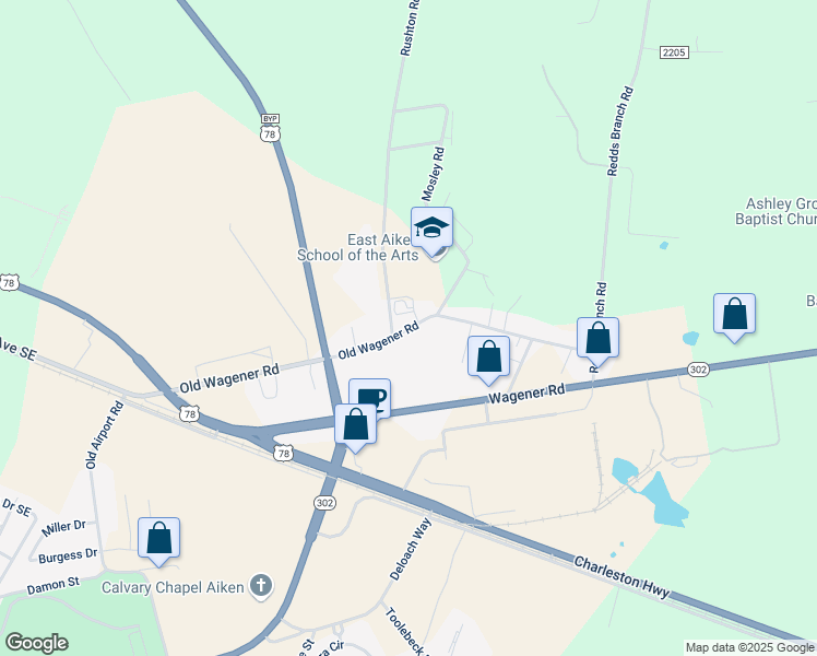 map of restaurants, bars, coffee shops, grocery stores, and more near 223 Old Wagener Road in Aiken