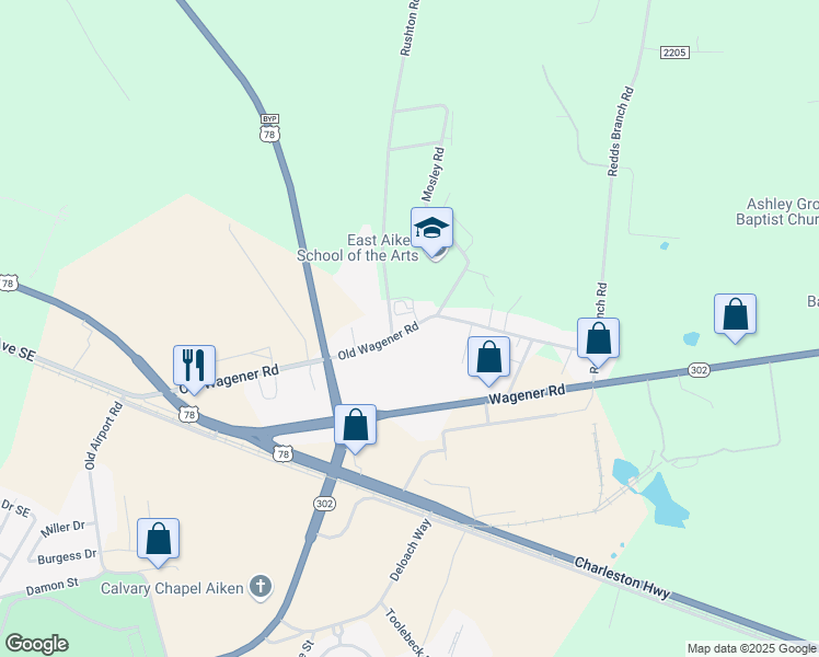 map of restaurants, bars, coffee shops, grocery stores, and more near 223 Old Wagener Road in Aiken
