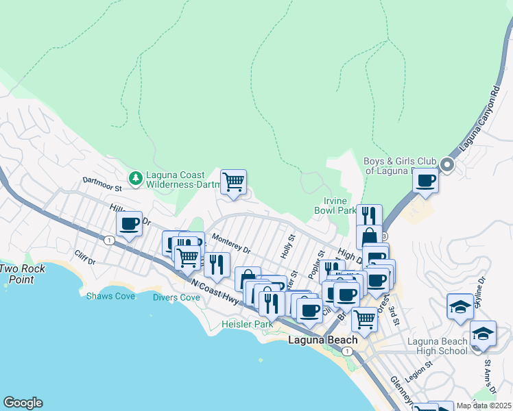 map of restaurants, bars, coffee shops, grocery stores, and more near 612 Allview Terrace in Laguna Beach
