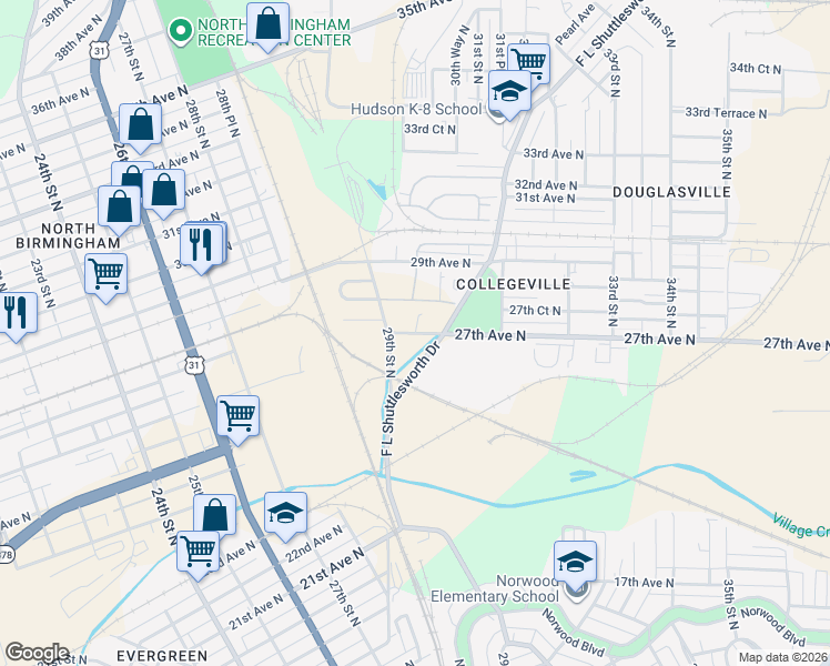 map of restaurants, bars, coffee shops, grocery stores, and more near 2550-2698 F L Shuttlesworth Drive in Birmingham