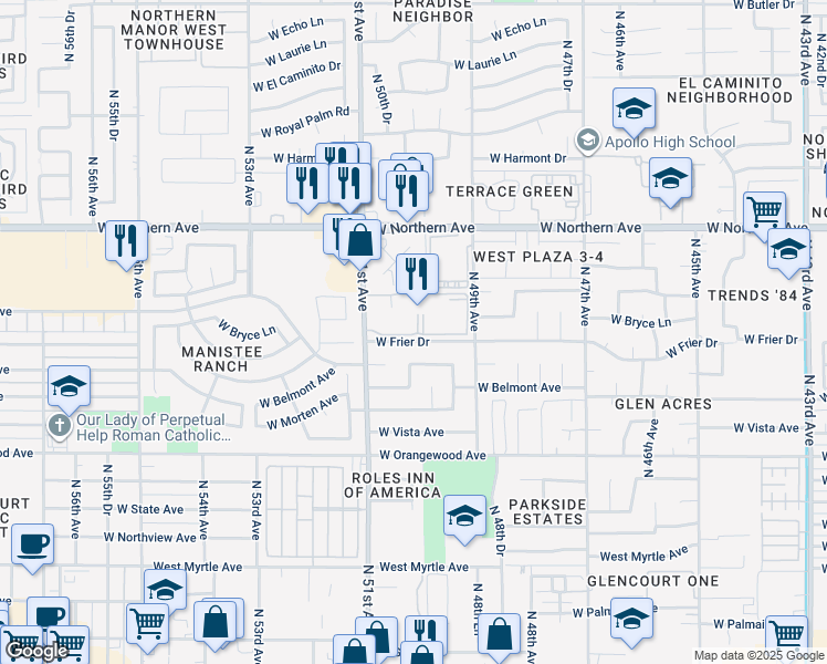 map of restaurants, bars, coffee shops, grocery stores, and more near 7711 North 51st Avenue in Glendale