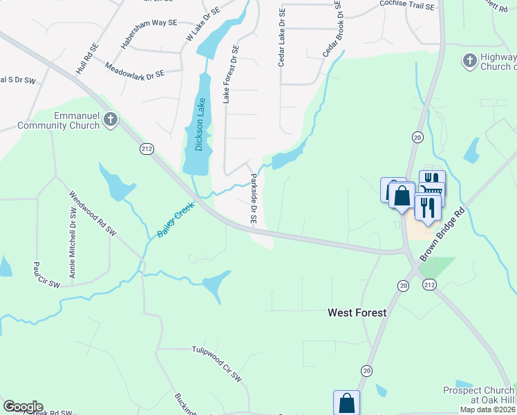 map of restaurants, bars, coffee shops, grocery stores, and more near 5301 Ashley Drive Southeast in Conyers