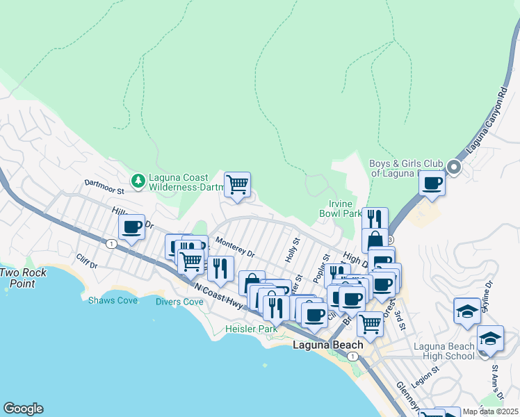 map of restaurants, bars, coffee shops, grocery stores, and more near 612 Allview Terrace in Laguna Beach