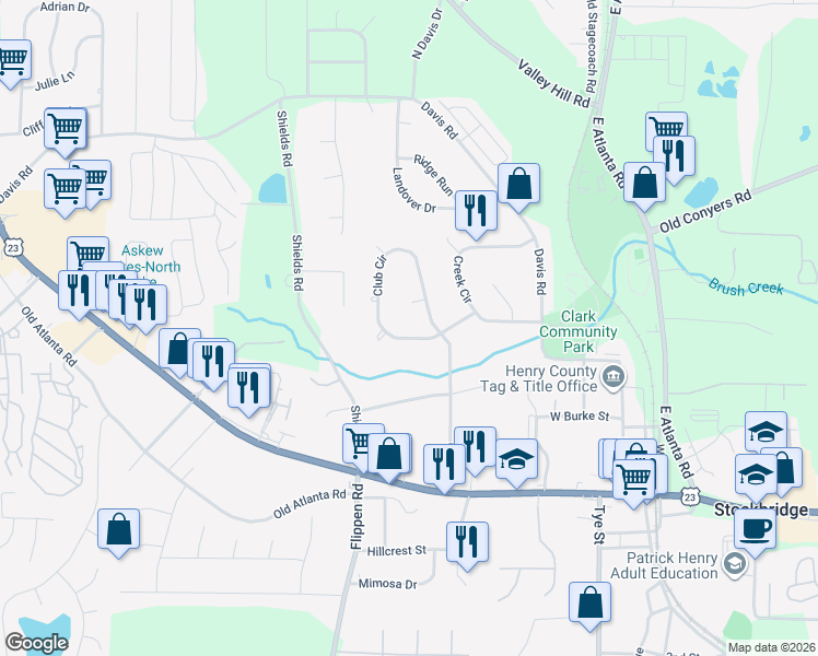 map of restaurants, bars, coffee shops, grocery stores, and more near 149 Club Circle in Stockbridge