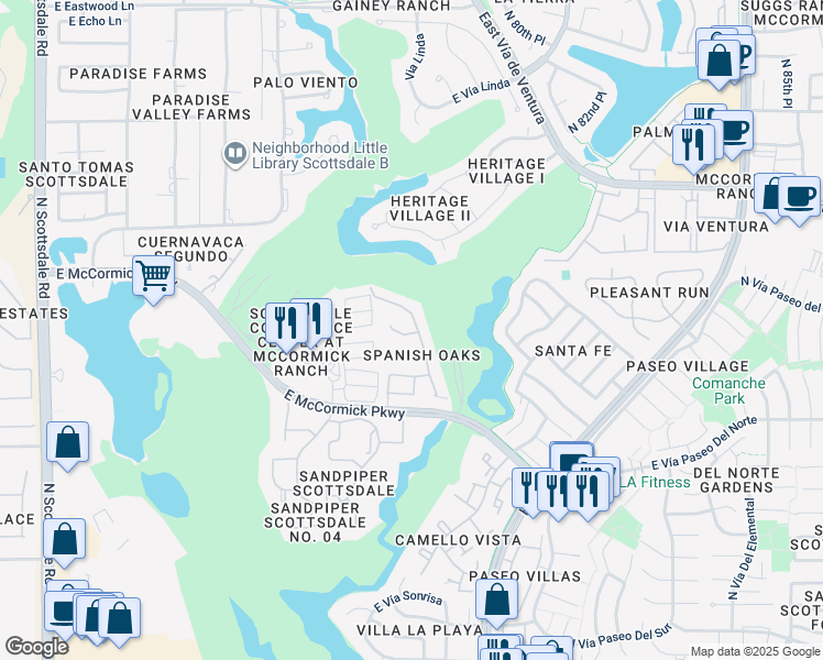 map of restaurants, bars, coffee shops, grocery stores, and more near 7822 East Sorrel Wood Court in Scottsdale