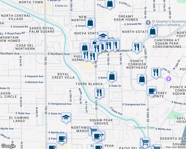 map of restaurants, bars, coffee shops, grocery stores, and more near 7734 North 12th Street in Phoenix