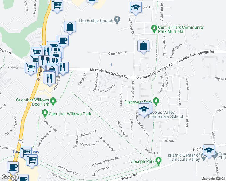 map of restaurants, bars, coffee shops, grocery stores, and more near 30400 Buccaneer Bay Ln in Murrieta