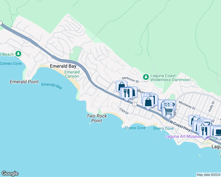 map of restaurants, bars, coffee shops, grocery stores, and more near 227 Ledroit Street in Laguna Beach