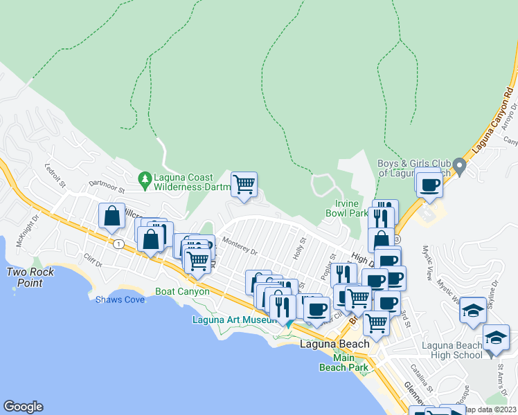 map of restaurants, bars, coffee shops, grocery stores, and more near 604 Allview Place in Laguna Beach