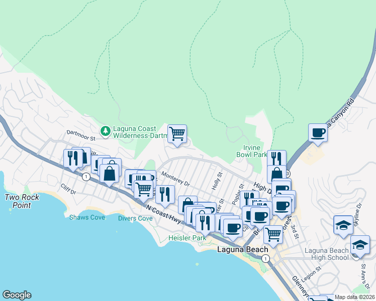 map of restaurants, bars, coffee shops, grocery stores, and more near 604 Allview Place in Laguna Beach