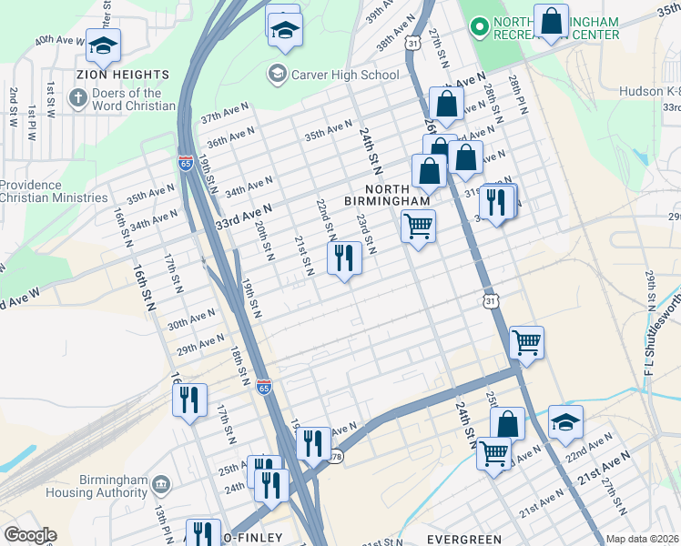 map of restaurants, bars, coffee shops, grocery stores, and more near 2125 31st Avenue North in Birmingham